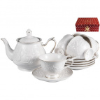 ГРАЦИЯ, набор чайный (13) 6 чашек 220мл + 6 блюдец + чайник 1000мл с крышкой, NEW BONE CHINA, белый рельефный рисунок с золотом, прямоугольная подароч
