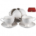 ГРАЦИЯ, набор чайный (12) 6 чашек 220мл + 6 блюдец, NEW BONE CHINA, белый рельефный рисунок с золотом, прямоугольная подарочная упаковка с бантом