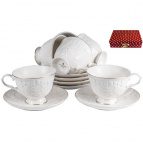 ГРАЦИЯ, набор чайный (12) 6 чашек 220мл + 6 блюдец, NEW BONE CHINA, белый рельефный рисунок с золотом, прямоугольная подарочная упаковка с бантом
