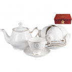 ГРАЦИЯ, набор чайный (13) 6 чашек 220мл + 6 блюдец + чайник 1000мл с крышкой, NEW BONE CHINA, белый рельефный рисунок с золотом, прямоугольная подароч