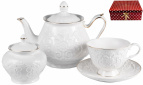 ГРАЦИЯ, набор чайный (14) 6 чашек 220мл + 6 блюдец +чайник с крышкой 1000мл + сахарница с крышкой 400мл, NEW BONE CHINA, белый рельефный рисунок с зол