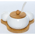 РОЗА, набор для сервировки (5) сахарница 250мл с ложкой + солонка + перечница на бамбук.подставке, цветная упаковка