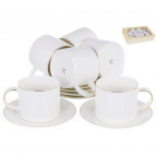 ГРАЦИЯ, набор чайный (12) 6 чашек 280мл + 6 блюдец, NEW BONE CHINA, декор белый с золотом, квадратная подарочная упаковка с окном и бантом