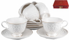 ГРАЦИЯ, набор чайный (12) 6 чашек 220мл + 6 блюдец, NEW BONE CHINA, белый рельефный рисунок с золотом, прямоугольная подарочная упаковка с бантом