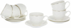 ГРАЦИЯ, набор чайный (12) 6 чашек 220мл + 6 блюдец, NEW BONE CHINA, декор БЕЛЫЙ С ЗОЛОТОМ, квадратная подарочная упаковка с окном и бантом