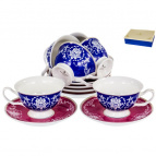 МАРКИЗА, набор чайный (12) 6 чашек 200мл + 6 блюдец, NEW BONE CHINA, цветной дизайн с золотом, упаковка подарочная