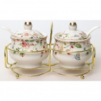 СТЕФАНИЯ, набор 2 сахарницы с ложками на метал.подставке,  NEW BONE CHINA, цветная упаковка