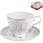 ГРАЦИЯ, набор чайный (2) чашка 220мл + блюдце, NEW BONE CHINA, белый рельефный рисунок с золотом, подарочная упаковка PVC
