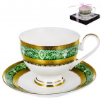 САКСОНИЯ, набор чайный (2) чашка 230мл + блюдце, NEW BONE CHINA, золотой орнамент, подарочная упаковка PVC