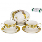 ЭСТЕЛЛА, набор кофейный (12) 6 чашек 120мл + 6 блюдец, NEW BONE CHINA, цветной дизайн с золотом, подарочная упаковка