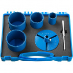 Набор кольцевых коронок ЗУБР "ПРОФЕССИОНАЛ" c карбид-вольфрамовым нанесением, 6 предм. в кейсе: коронки O 33, 53, 67, 73 мм, основание, сверло