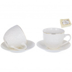 ГРАЦИЯ, набор чайный (4) 2 чашки 220мл + 2 блюдца, NEW BONE CHINA, декор БЕЛЫЙ С ЗОЛОТОМ, квадратная подарочная упаковка с окном и бантом