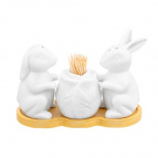Набор д/специй 3 пр. 14*6*9,5 см "Кролики с капустой" на дер. подставке+зубочистки