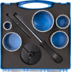 Набор кольцевых коронок ЗУБР "ПРОФЕССИОНАЛ" c карбид-вольфрамовым нанесением, 8 предм. в кейсе: коронки O 33, 53, 67, 73, 83 мм, основание, сверло, на