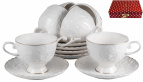 ГРАЦИЯ, набор чайный (12) 6 чашек 220мл + 6 блюдец, NEW BONE CHINA, белый рельефный рисунок с золотом, прямоугольная подарочная упаковка с бантом