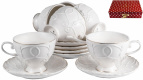 ГРАЦИЯ, набор чайный (12) 6 чашек 220мл + 6 блюдец, NEW BONE CHINA, белый рельефный рисунок с золотом, прямоугольная подарочная упаковка с бантом