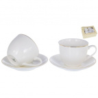 ГРАЦИЯ, набор чайный (4) 2 чашки 235мл + 2 блюдца, NEW BONE CHINA, декор БЕЛЫЙ С ЗОЛОТОМ, квадратная подарочная упаковка с окном и бантом