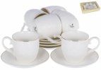 ГРАЦИЯ, набор кофейный (12) 6 чашек 100мл + 6 блюдец, NEW BONE CHINA, декор БЕЛЫЙ С ЗОЛОТОМ, квадратная подарочная упаковка с окном и бантом
